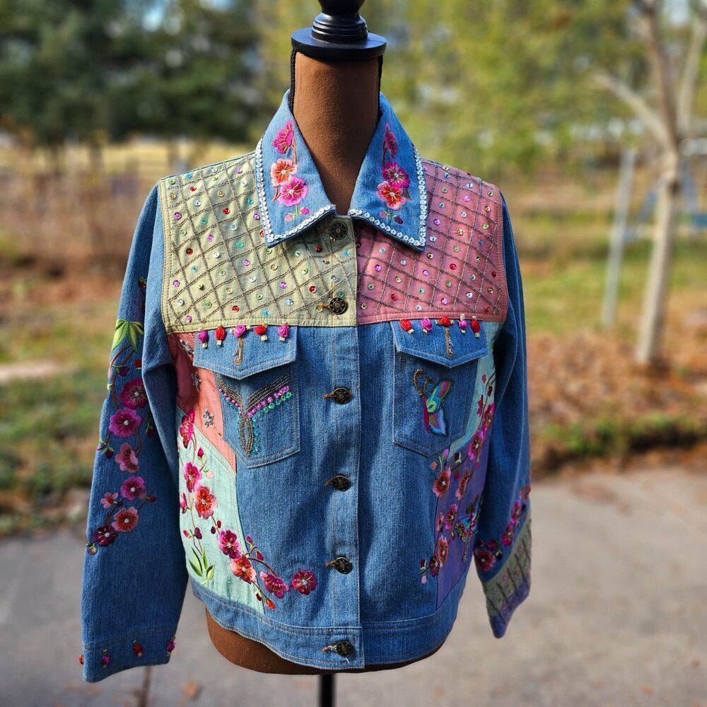 Berek Collection Jean Jacket Vintage Embroidered and Beaded Denim Size M
